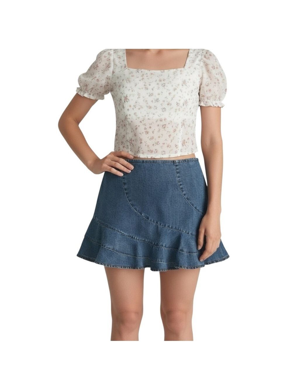 DKNY Jeans Y2K Denim Mini Skirt Ruffle Hem Flared Blue Vintage 2000s Women’s 12